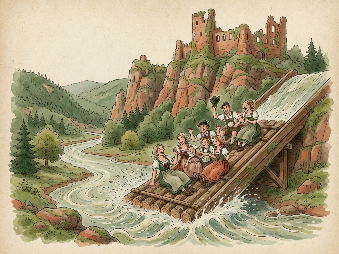Aquarell-Illustration: Fröhliche Gäste in Tracht auf einem Ausflugsfloß fahren über eine Floßrutsche, im Hintergrund Nagelfluhfelsen mit einer Burgruine