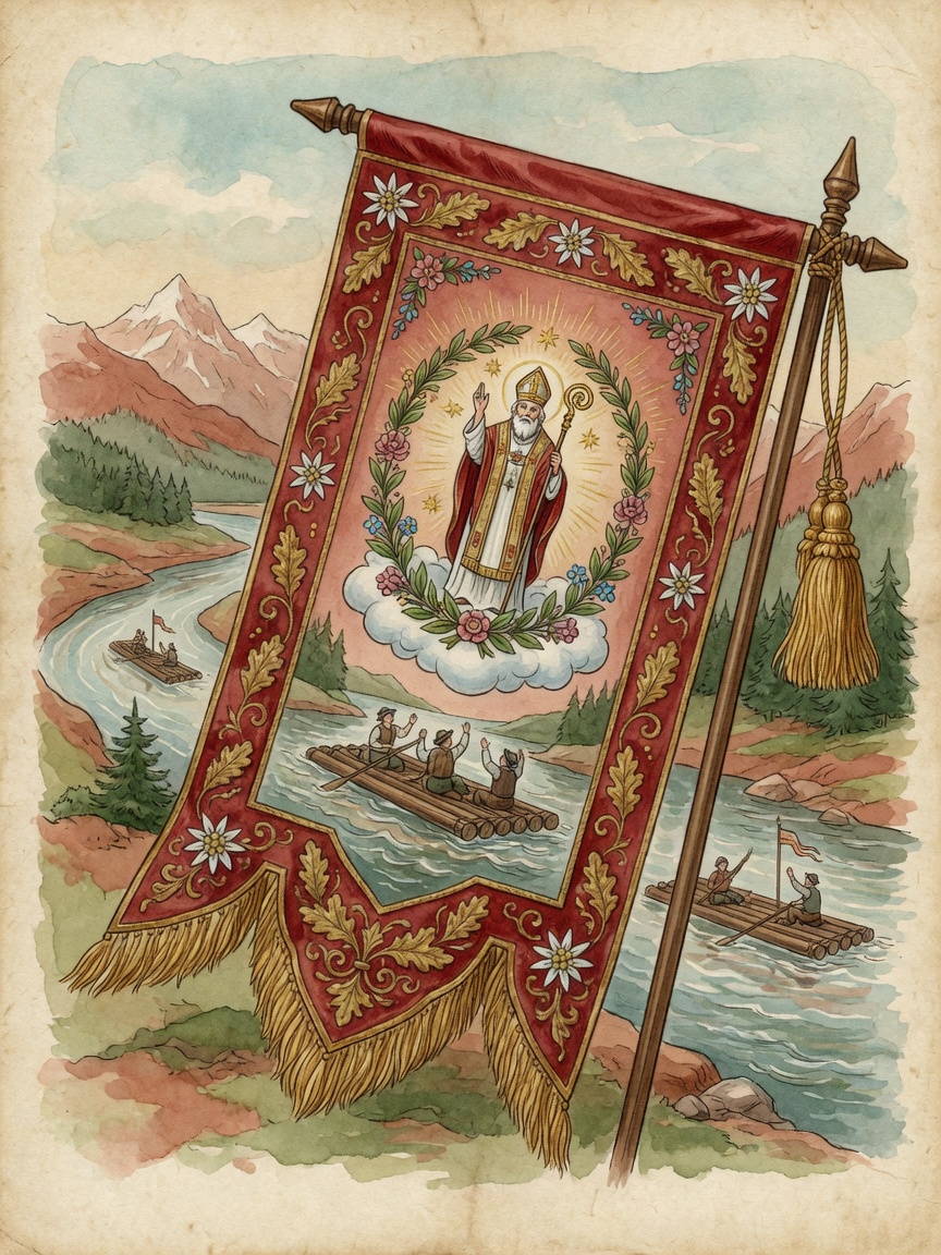 Aquarell-Illustration: Prunkvolle rote Flößer-Zunftfahne mit Goldstickerei und dem Bildmedaillon des heiligen Nikolaus, im Hintergrund ein Floß auf der Isar