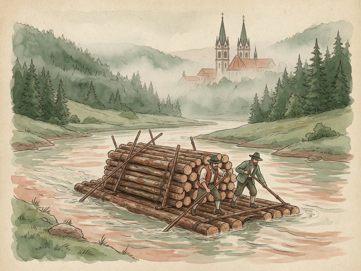 Aquarell-Illustration: Beladenes Holzfloß mit zwei Flößern auf einem Alpenfluss, im Nebel die Türme einer gotischen Kirche