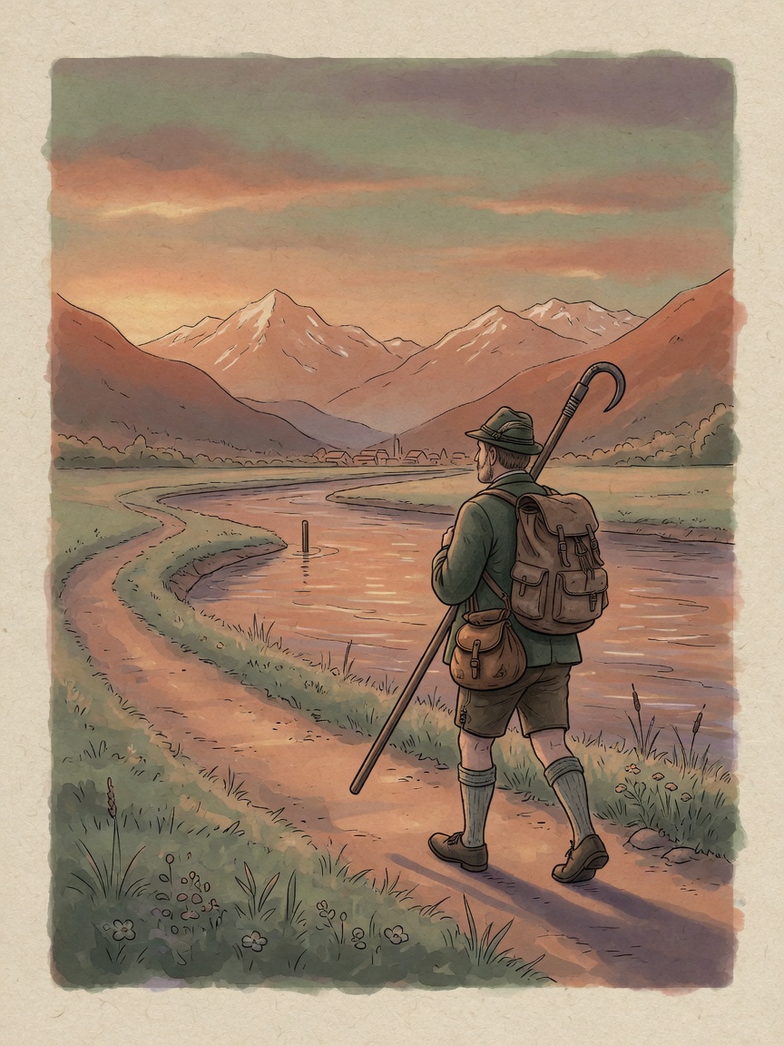 Aquarell-Illustration: Ein Flößer wandert bei Abenddämmerung mit Rucksack und Floßhack am Fluss entlang zurück in seinen Heimatort