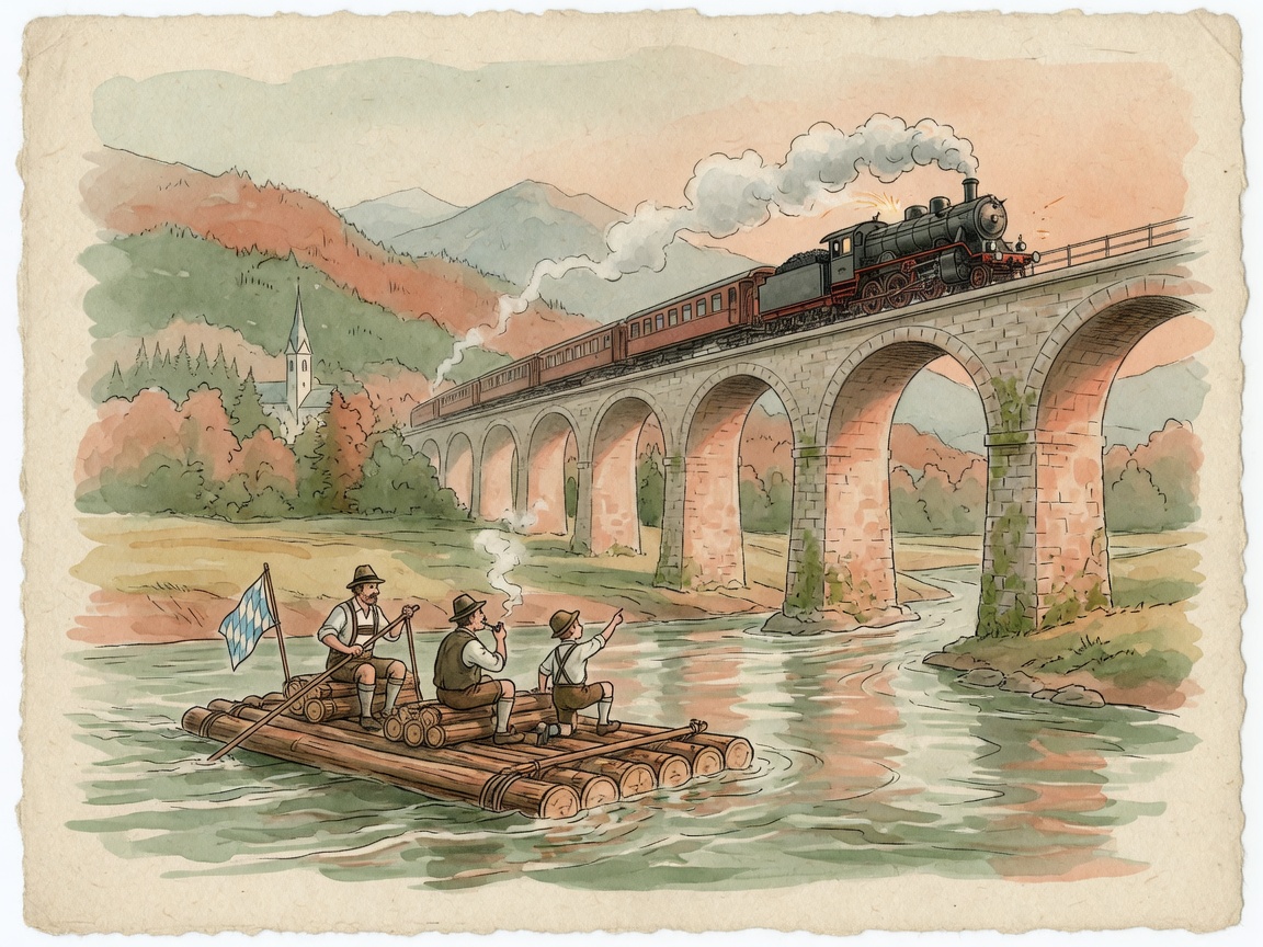 Aquarell-Illustration: Ein Holzfloß auf dem Fluss unter einem Eisenbahnviadukt, über den eine Dampflokomotive fährt