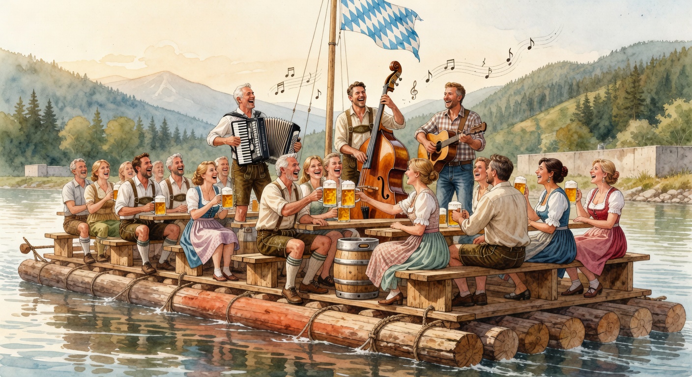 Aquarell-Illustration: Bayerisches Floß auf der Isar mit Gästen in Tracht und Alpenpanorama im Hintergrund
