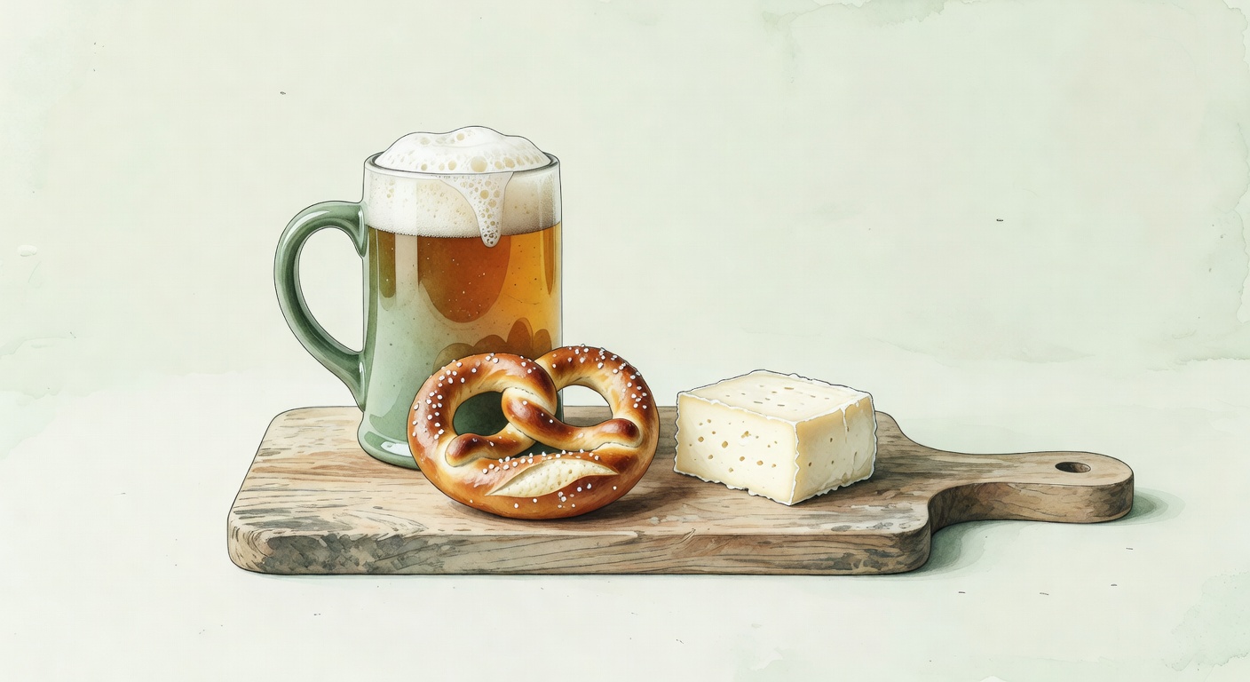Economy: Steinkrug, Brezn und Almkäse auf Holzbrettl